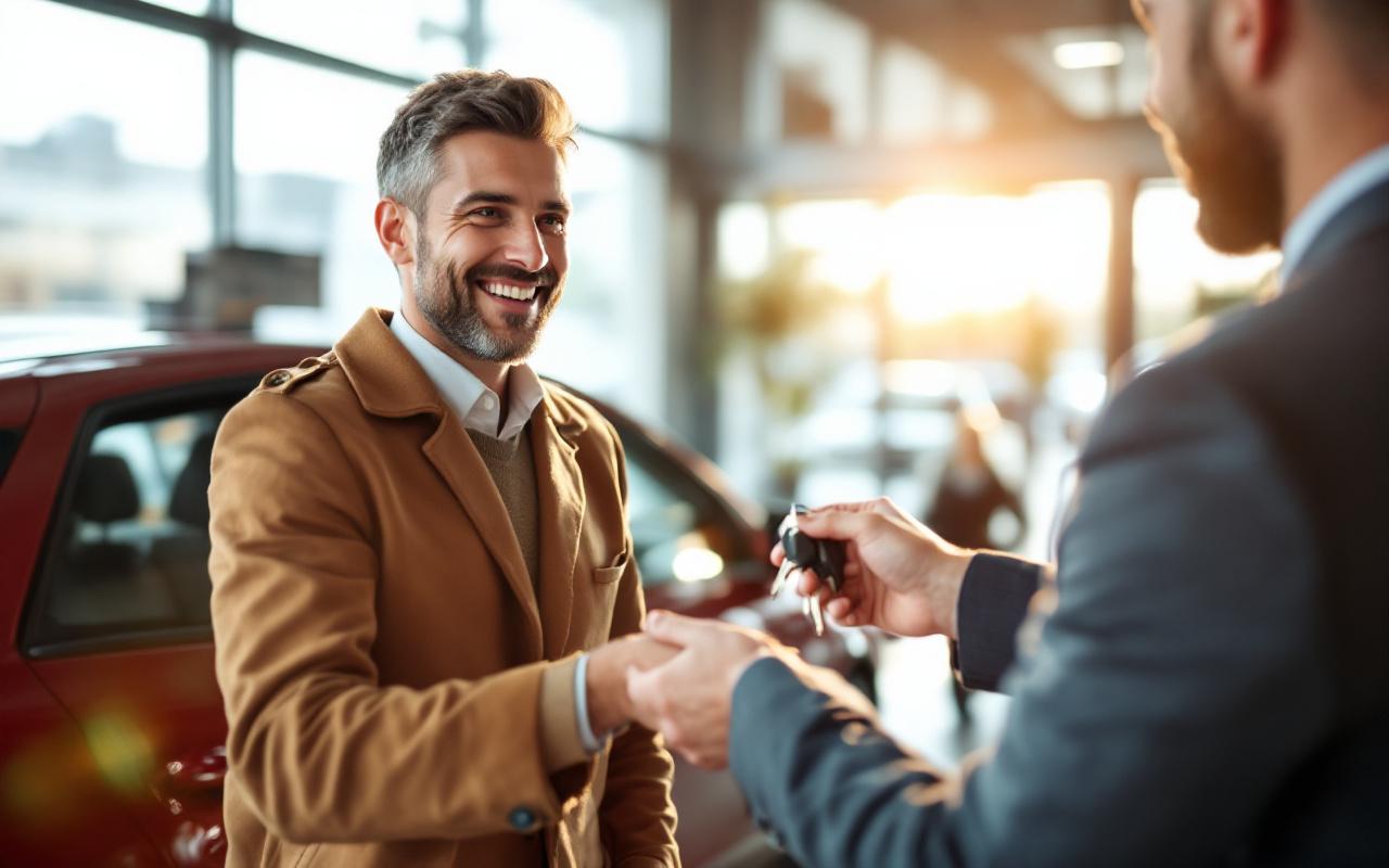 Un client heureux souriant remet des clés à un représentant de concessionnaire dans un environnement lumineux et moderne.