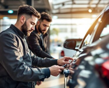 Une voiture en cours d'évaluation pour un échange, avec un évaluateur examinant ses détails dans un environnement professionnel et lumineux, en arrière-plan un concessionnaire automobile moderne.
