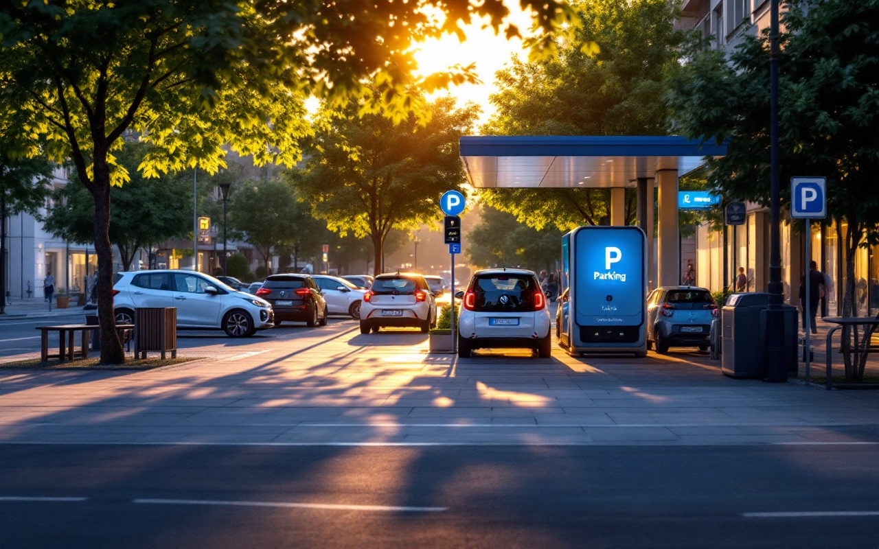 Station d'autopartage en milieu urbain avec plusieurs petits véhicules garés près d'un panneau de stationnement, trottoir arboré et lumière chaude du coucher de soleil.