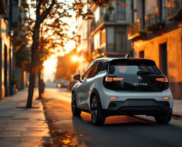 Petite voiture électrique compacte garée dans une rue étroite de la ville, façades et trottoirs visibles, lumière douce de coucher de soleil avec reflets chauds sur la carrosserie, ambiance réaliste et détails nets.