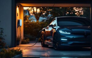 Voiture électrique en train de se recharger dans un garage domestique, câble branché à une borne murale, lumière chaude de coucher de soleil filtrant, sol en béton et ambiance propre et réaliste.