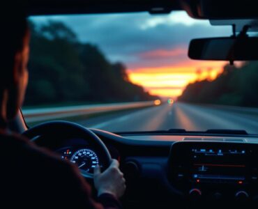 Intérieur silencieux d'une voiture roulant sur l'autoroute à grande vitesse, cabine calme sans conducteur, tableau de bord aux tons bleus, reflets chauds du coucher de soleil, léger flou de mouvement à l'extérieur, éclairage volumétrique doux, ambiance naturelle et apaisante.