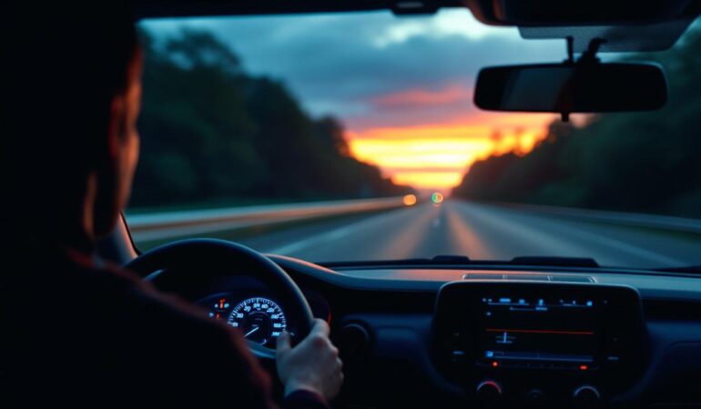 Intérieur silencieux d'une voiture roulant sur l'autoroute à grande vitesse, cabine calme sans conducteur, tableau de bord aux tons bleus, reflets chauds du coucher de soleil, léger flou de mouvement à l'extérieur, éclairage volumétrique doux, ambiance naturelle et apaisante.