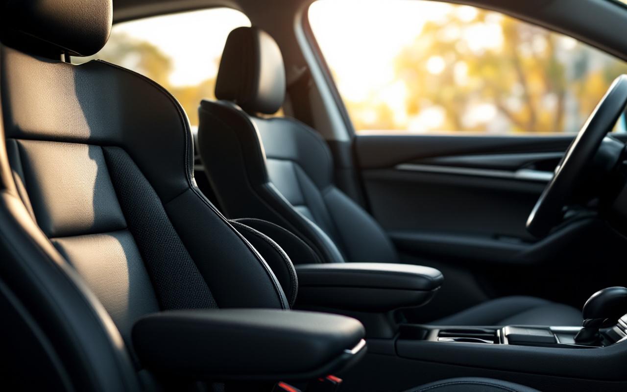 Photographie réaliste d'un siège conducteur ergonomique en cuir noir avec soutien lombaire visible et coutures contrastées, dans un habitacle moderne éclairé par une lumière naturelle douce traversant la fenêtre.