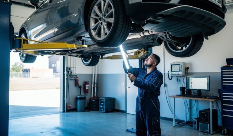 Voiture sur un pont élévateur lors du contrôle technique dans un centre agréé