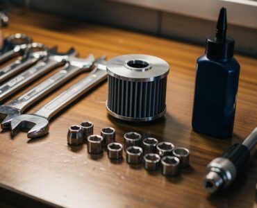 Outils d'entretien pour moto 125cc sur un établi de garage