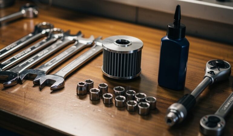 Outils d'entretien pour moto 125cc sur un établi de garage