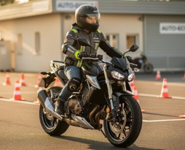 Jeune motard en équipement complet sur une moto lors de la formation au permis A2