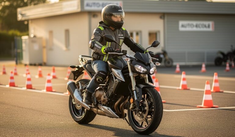 Jeune motard en équipement complet sur une moto lors de la formation au permis A2