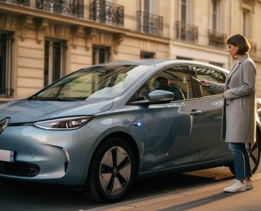 Femme qui démarre une voiture en autopartage avec son smartphone dans une rue de Paris