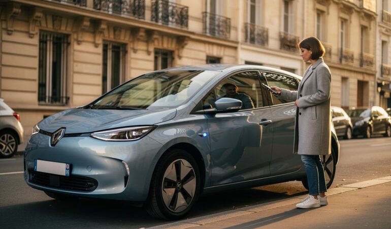 Femme qui démarre une voiture en autopartage avec son smartphone dans une rue de Paris