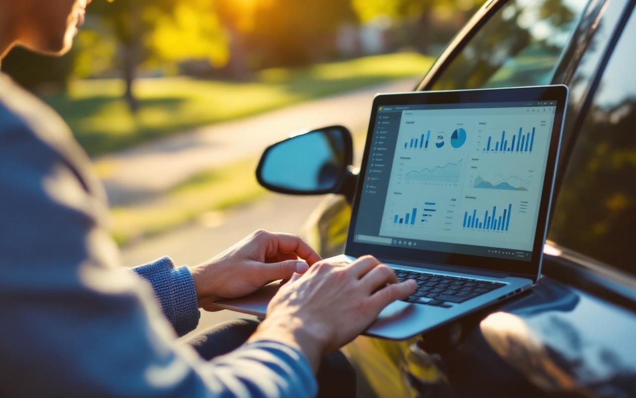 Conducteur à côté d'une voiture garée consulte un ordinateur portable montrant des tableaux comparant le coût de l'essence et de l'électricité, éclairage naturel chaud de fin d'après-midi