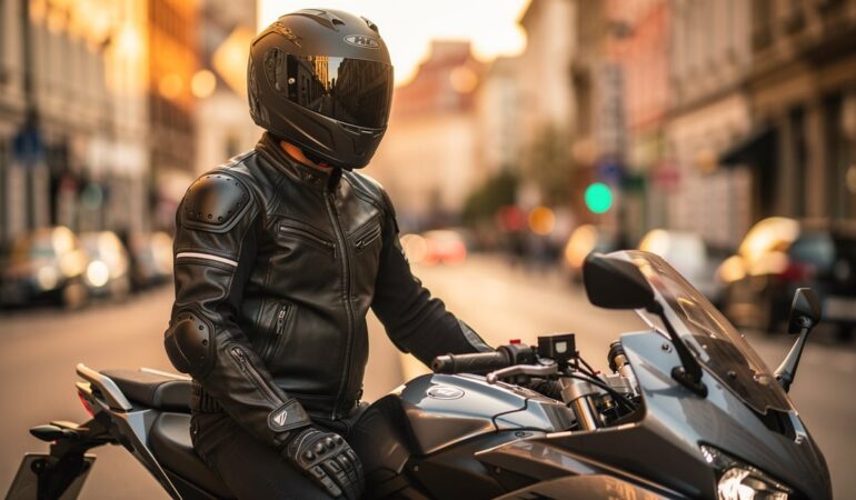 Motard équipé du casque homologué, gants CE et veste avec protections aux normes 2026
