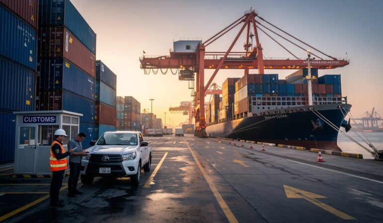 Port de fret avec conteneurs et contrôle douanier des marchandises à l export