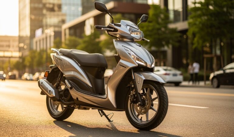 Scooter 125cc garé dans une rue urbaine moderne