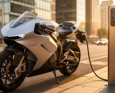 Moto électrique 2026 en charge sur une borne urbaine au coucher du soleil