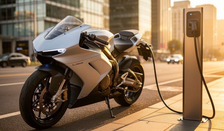 Moto électrique 2026 en charge sur une borne urbaine au coucher du soleil