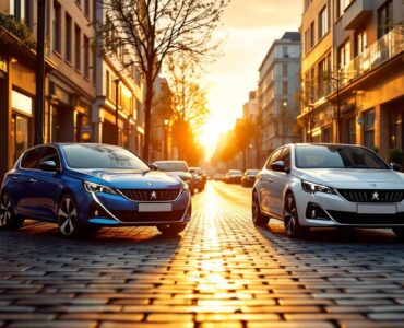 Deux Peugeot 308, une électrique et une hybride, garées côte à côte dans une rue urbaine au coucher du soleil, reflets sur la carrosserie, pavés mouillés et bâtiments modernes en arrière-plan.