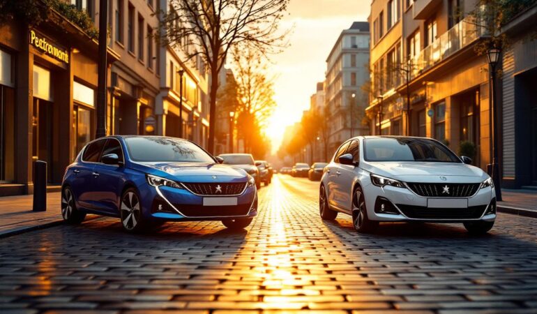 Deux Peugeot 308, une électrique et une hybride, garées côte à côte dans une rue urbaine au coucher du soleil, reflets sur la carrosserie, pavés mouillés et bâtiments modernes en arrière-plan.