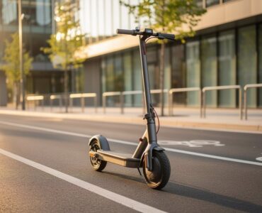 Trottinette électrique garée en ville près d'une piste cyclable
