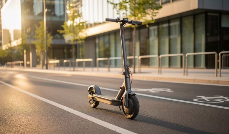 Trottinette électrique garée en ville près d'une piste cyclable