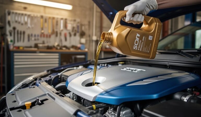 Vidange voiture en cours dans un garage, mécanicien versant de l'huile moteur neuve