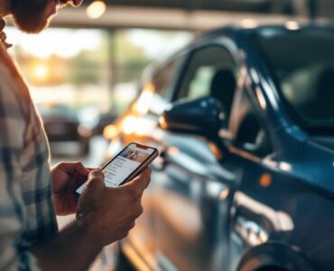 Un homme consulte une annonce de voiture sur son smartphone avant un essai, dans une ambiance de showroom avec une voiture d’occasion en arrière-plan.