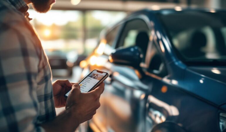 Un homme consulte une annonce de voiture sur son smartphone avant un essai, dans une ambiance de showroom avec une voiture d’occasion en arrière-plan.