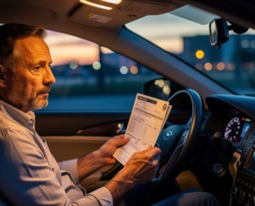 Conducteur malussé examinant ses papiers d'assurance auto au volant