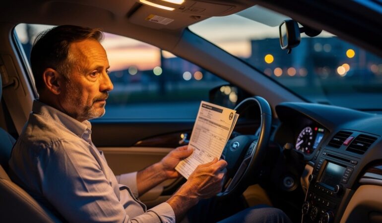 Conducteur malussé examinant ses papiers d'assurance auto au volant