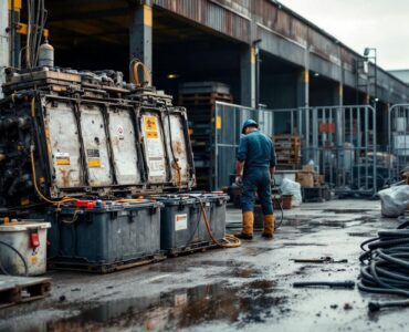 Batterie de camion posée près d’une zone de recyclage, ambiance technique et industrielle réaliste, éclairage de jour diffus.