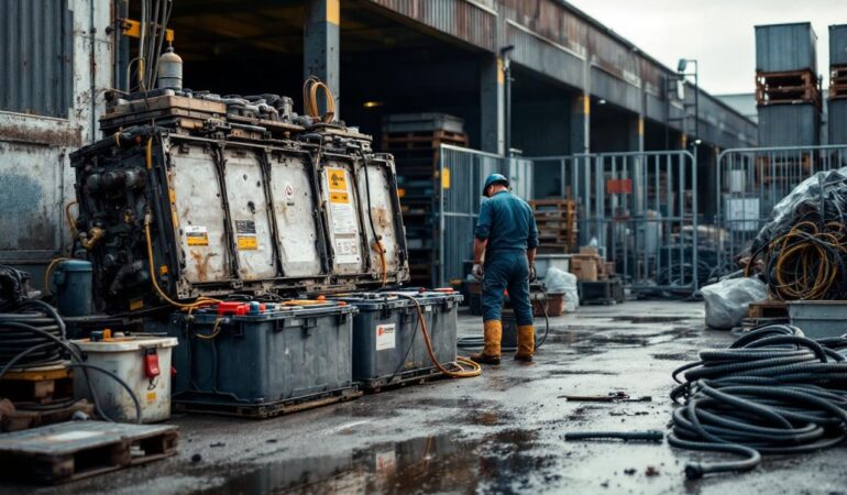 Batterie de camion posée près d’une zone de recyclage, ambiance technique et industrielle réaliste, éclairage de jour diffus.