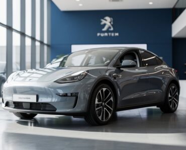 Showroom de concession automobile avec un SUV electrique neuf en exposition