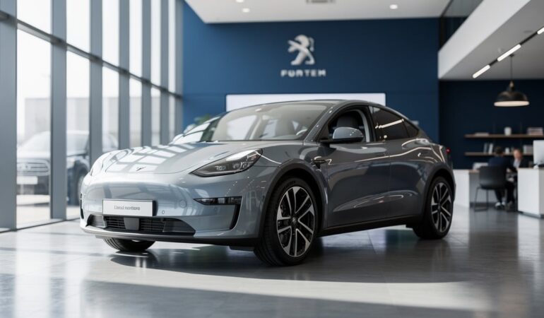 Showroom de concession automobile avec un SUV electrique neuf en exposition