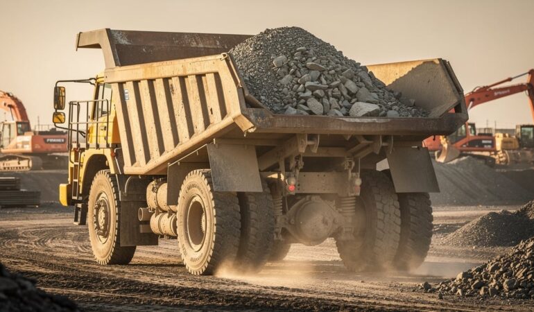 Camion benne d'occasion levant sa benne sur un chantier