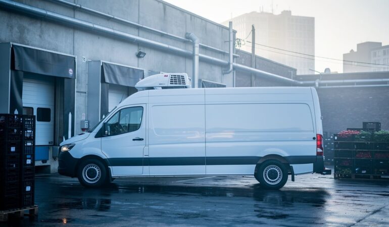 Camion frigorifique blanc en cours de chargement sur un quai de produits frais