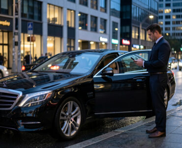 Un chauffeur VTC vérifie sur son téléphone des réservations en ligne à côté d’une voiture noire dans une rue de ville, à l’heure bleue.