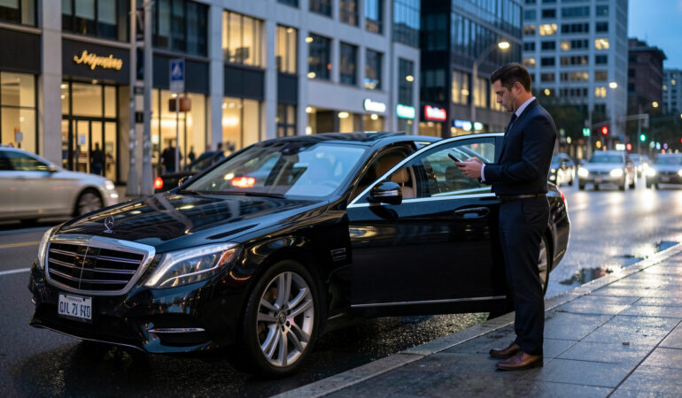 Un chauffeur VTC vérifie sur son téléphone des réservations en ligne à côté d’une voiture noire dans une rue de ville, à l’heure bleue.