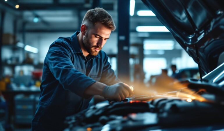 Citroën C3 dans un atelier, un mécanicien inspecte la courroie de distribution et le tableau de bord affiche un voyant moteur allumé.