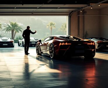 Garage monégasque rempli de supercars de luxe, éclairage naturel entrant par la porte, cadrage cinématographique et ambiance éditoriale automobile.