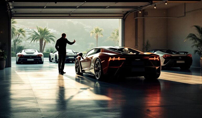 Garage monégasque rempli de supercars de luxe, éclairage naturel entrant par la porte, cadrage cinématographique et ambiance éditoriale automobile.