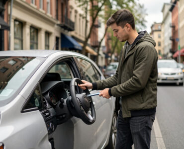 Jeune homme près d’une voiture moderne dans une rue urbaine, ambiance de préparation à l’examen du permis de conduire.