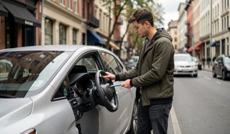 Jeune homme près d’une voiture moderne dans une rue urbaine, ambiance de préparation à l’examen du permis de conduire.