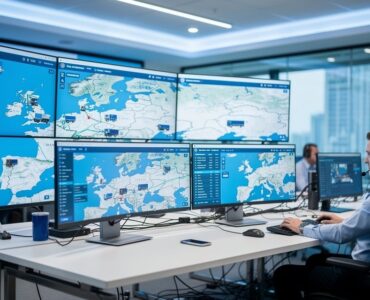 Centre de pilotage TMS avec ecrans de suivi GPS d'une flotte de camions
