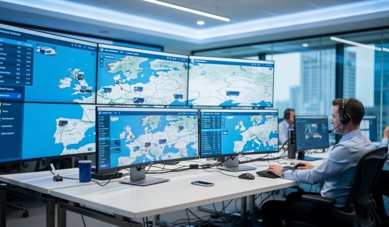 Centre de pilotage TMS avec ecrans de suivi GPS d'une flotte de camions