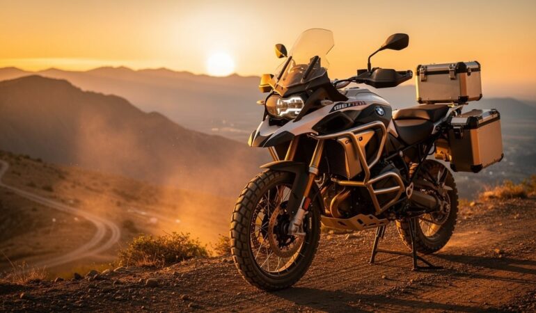 Moto trail aventure sur piste de montagne au coucher du soleil
