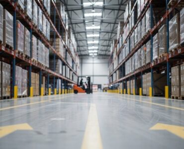 Vue d'ensemble d'un entrepôt logistique moderne avec rayonnages à palettes et allées de circulation