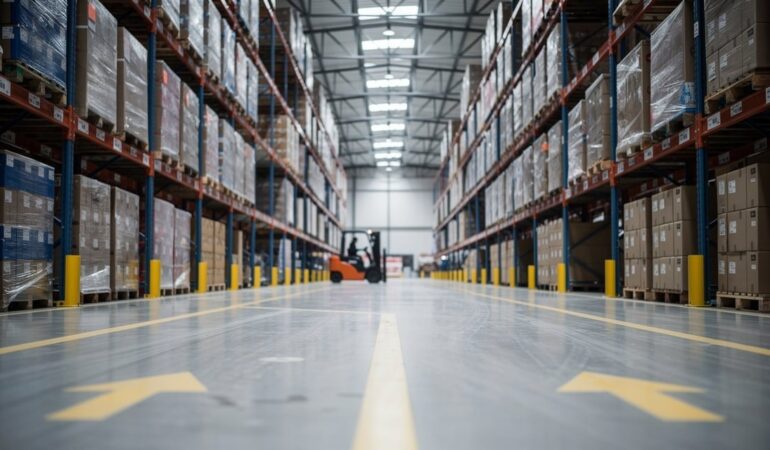 Vue d'ensemble d'un entrepôt logistique moderne avec rayonnages à palettes et allées de circulation