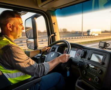 Chauffeur poids lourd au volant avec tachygraphe numérique visible sur le tableau de bord