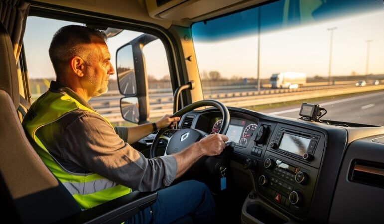 Chauffeur poids lourd au volant avec tachygraphe numérique visible sur le tableau de bord